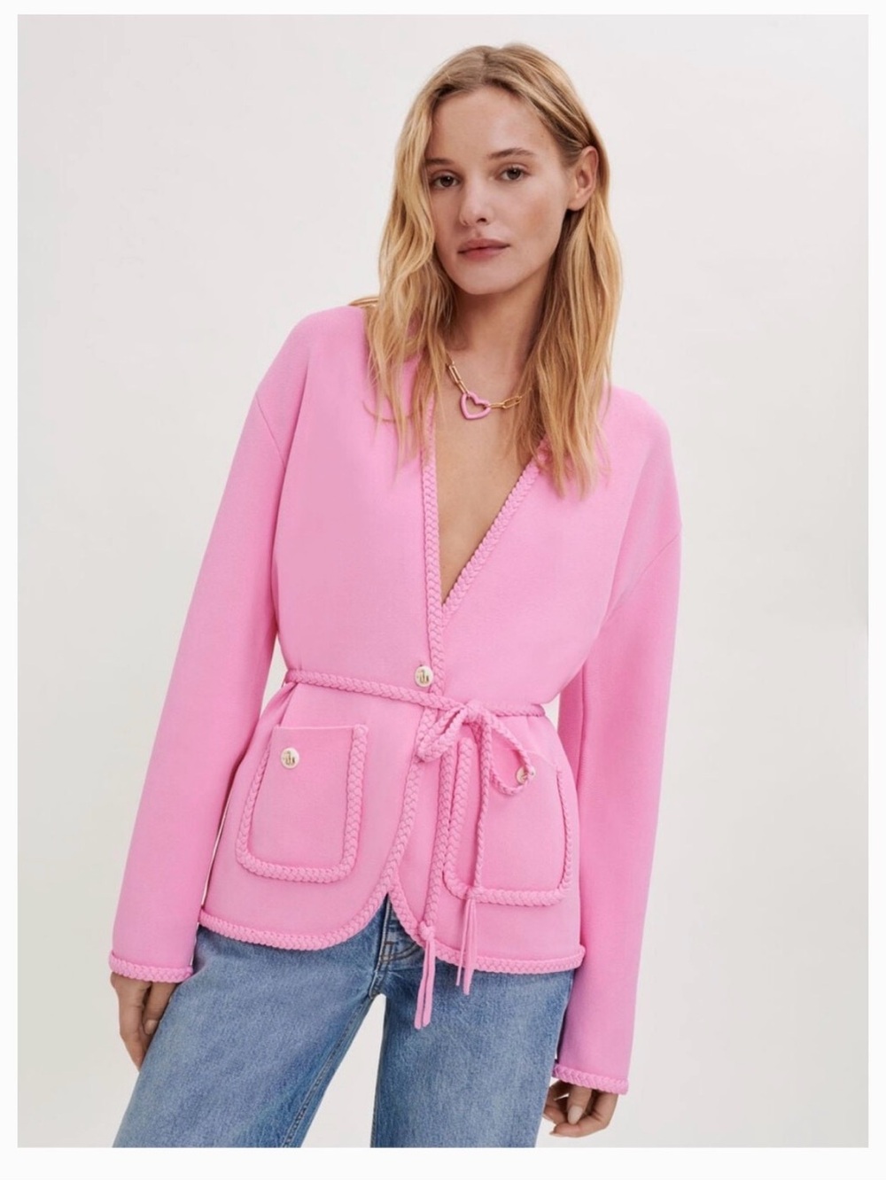Maje Pink Madene Knit Cardigan with Tie Belt